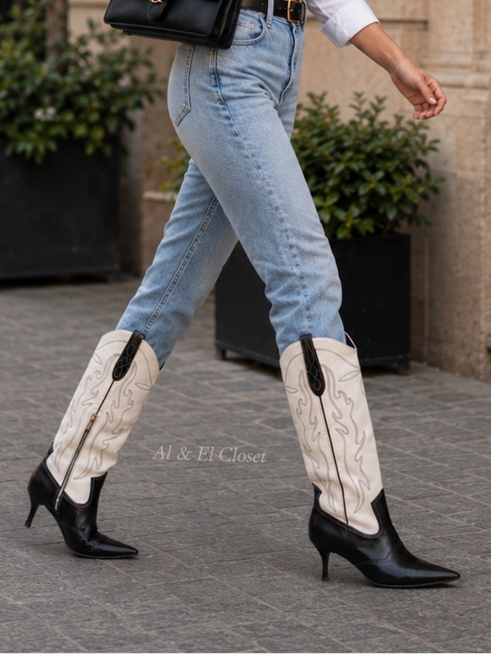 INC Hayleigh Knee-High Cowboy Vegan Boots | Black & Bone Size 6.5M | NWB